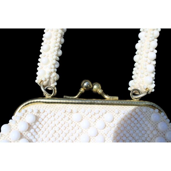 Vintage White Beaded Purse With Handle & Gold Clasp - Picture 2 of 11